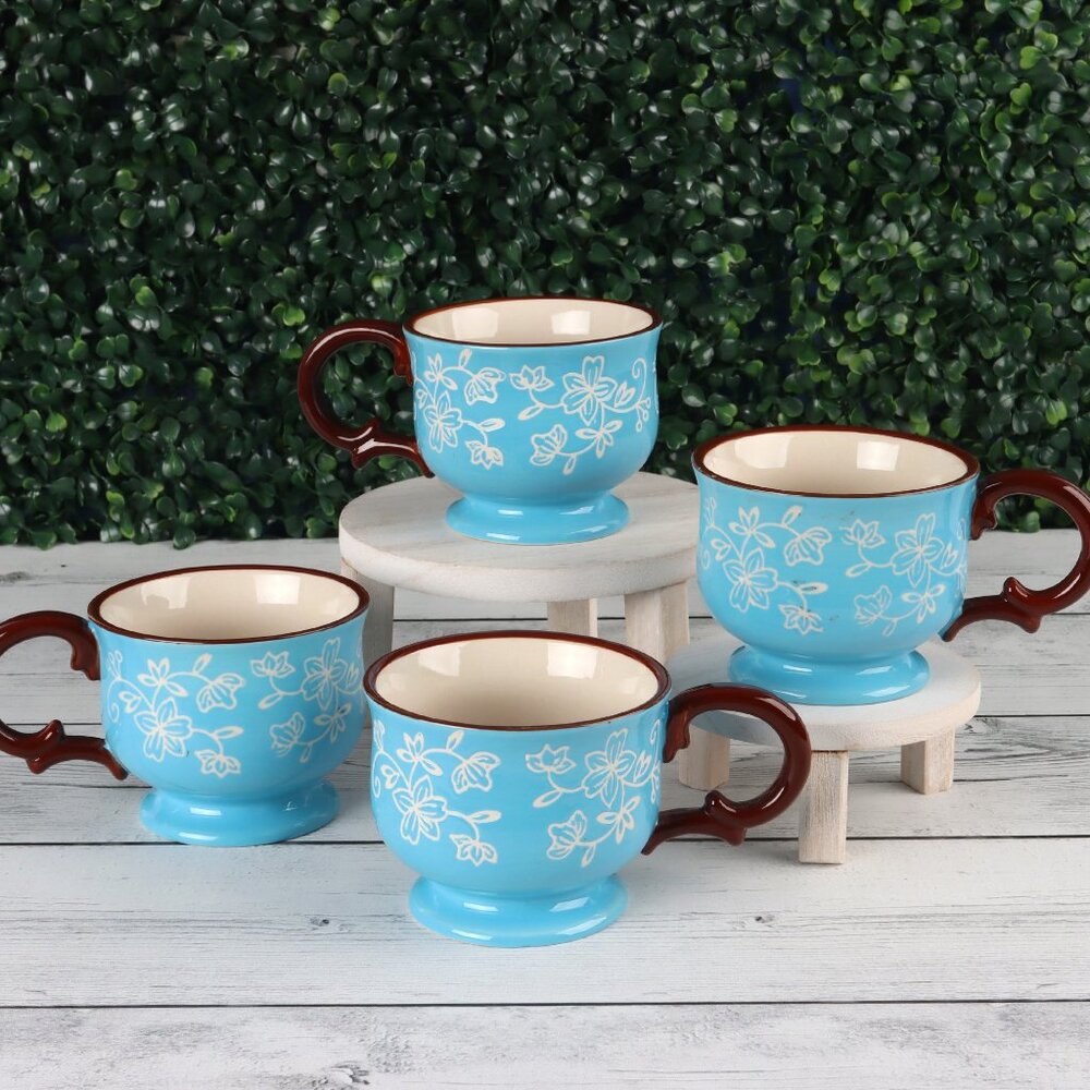 Tempt-ations Floral Lace Light Blue 10 oz Footed Tea Cups Set of 4 Rare Find!